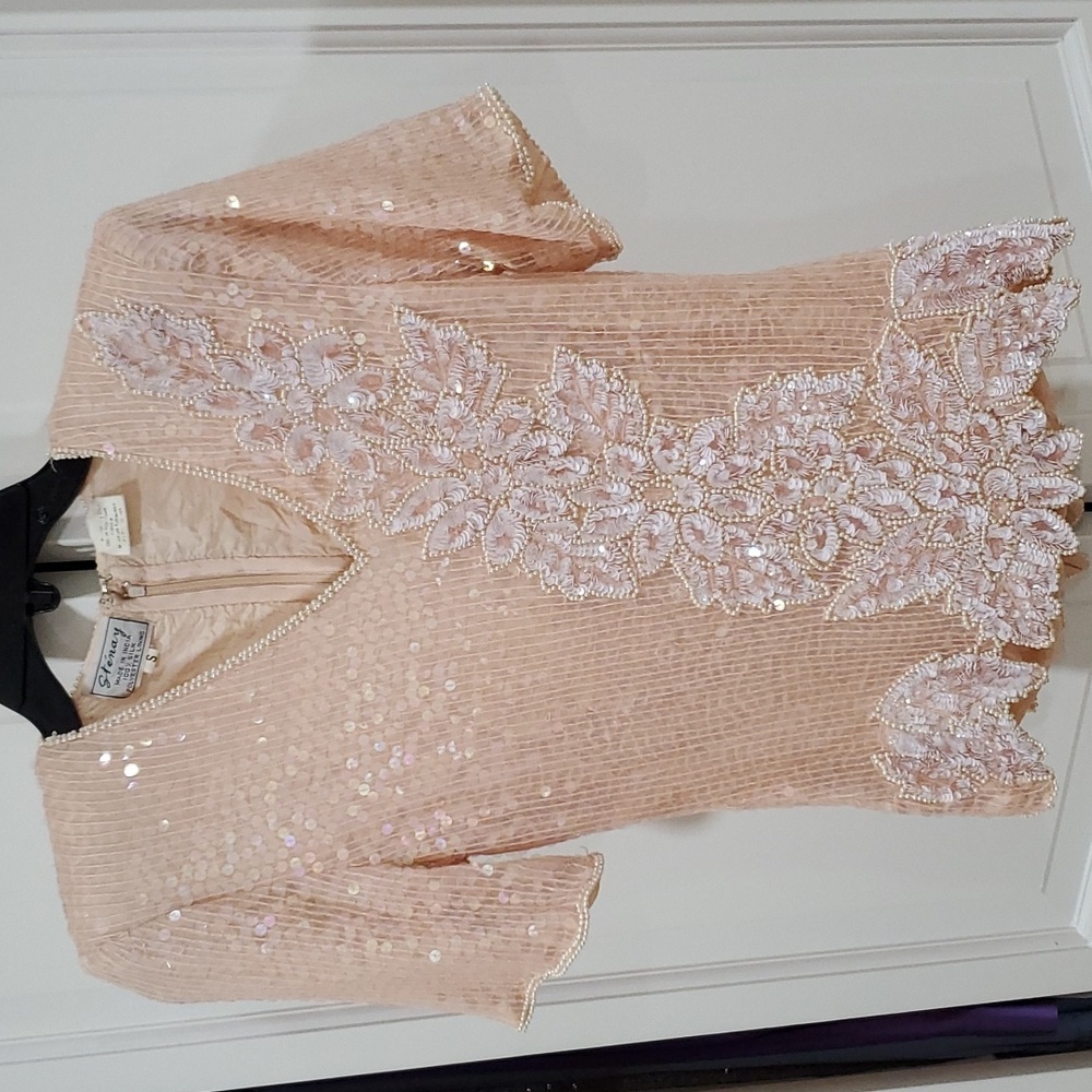 Vintage Stenay Pastel Pink Peach Lace Sequin Glitter Peplum Shir